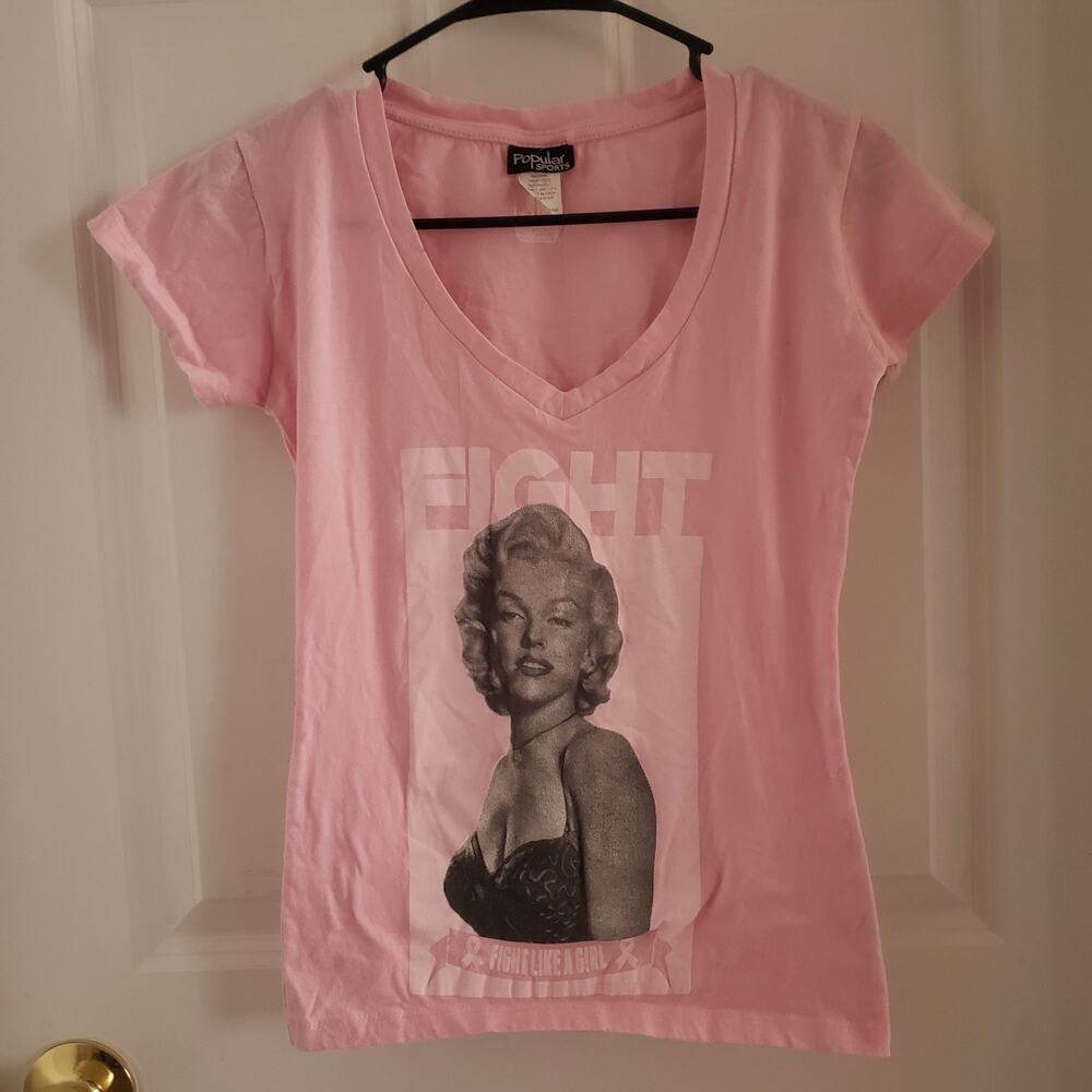 Popular Sport Pink V-neck T-shirt feat Graphic Marilyn Monroe Jr. Small #A55PJ